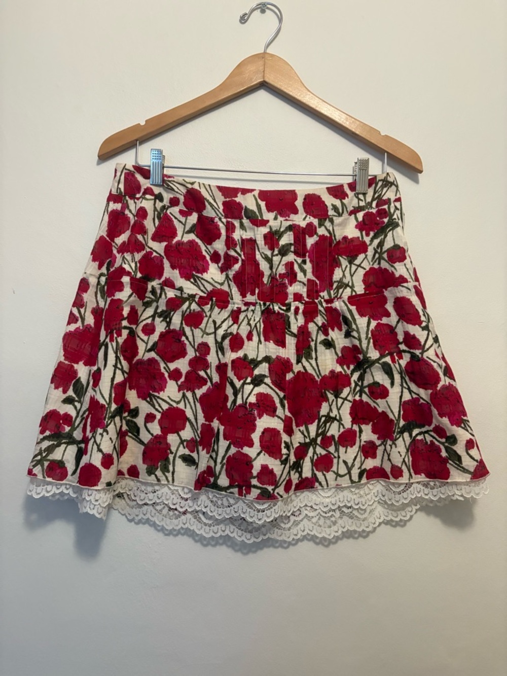 Anna Sui Cream Mini Skirt with Red Floral Embroidery